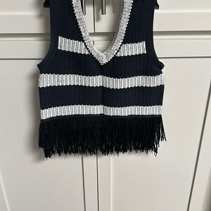 Navy and White Striped Fringe Knit Top